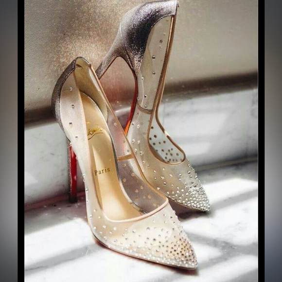 Christian Louboutin Beige Blue Crystal Embellished Mesh Follies Pumps Size 41 - Picture 2 of 16
